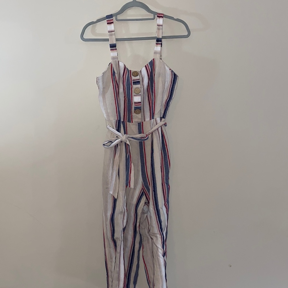 Striped Jumpsuit, cream colored with buttons, Size L